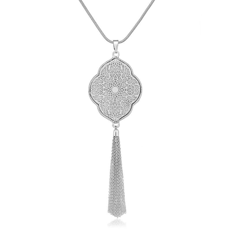 MOLOCH Long Necklaces For Woman Disk Circle Pendant Necklaces Tassel Fringe Y Necklace Set Statement Pendant (quatrefoil-shaped-silver) - Image 1